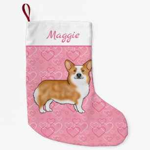 Red Pembroke Welsh Corgi On Pink Hearts With Name Small Christmas Stocking