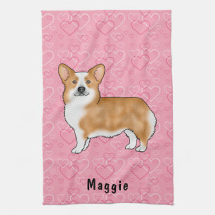 Red Pembroke Welsh Corgi On Pink Hearts With Name Tea Towel