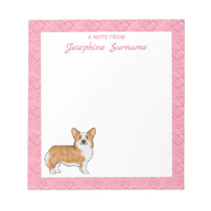 Red Pembroke Welsh Corgi On Pink Hearts With Text Notepad