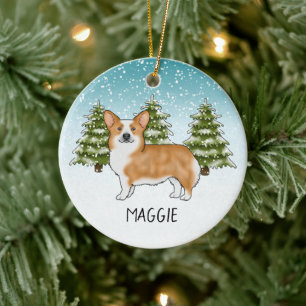 Red Pembroke Welsh Corgi Winter Forest Christmas Ceramic Tree Decoration