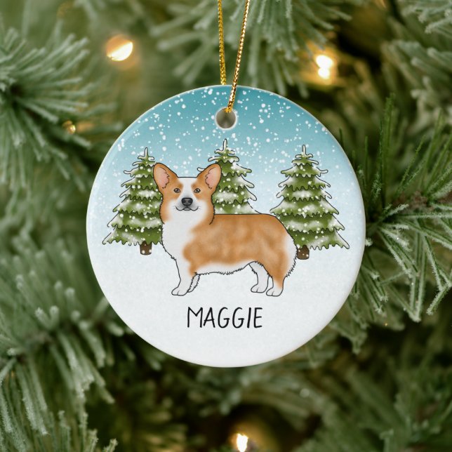 Red Pembroke Welsh Corgi Winter Forest Christmas Ceramic Tree Decoration (Tree)