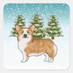 Red Pembroke Welsh Corgi Winter Forest Christmas Square Sticker