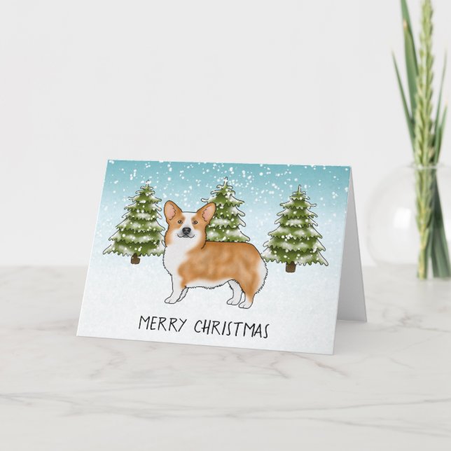 Red Pembroke Welsh Corgi Winter Merry Christmas Card (Front)