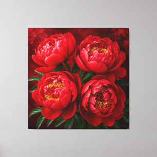 Red Peonies Against a Rich Crimson Background Canvas Print