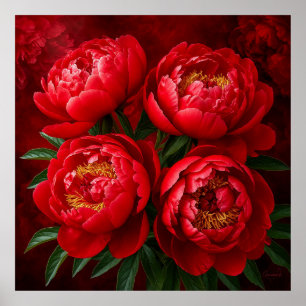 Red Peonies Against a Rich Crimson Background Poster