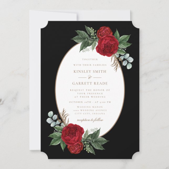 Red Peonies Elegant Black & Gold Wedding Invitation (Front)