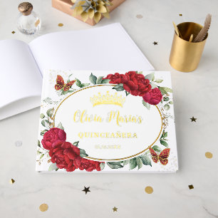 Red Peonies Floral Butterflies Quinceanera Gold Guest Book