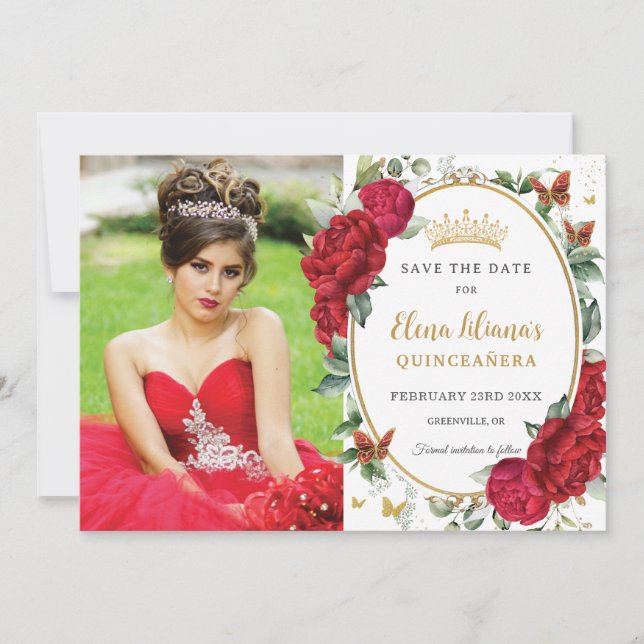 Red Peonies Floral Butterflies Quinceañera Photo Save The Date (Front)