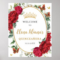 Red Peonies Floral Butterflies Quinceañera Welcome