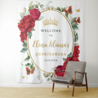 Red Peonies Floral Butterflies Quinceañera Welcome