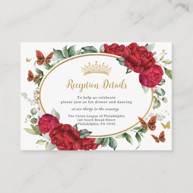 Red Peonies Floral Flowers Butterflies Quinceañera Enclosure Card (Front)