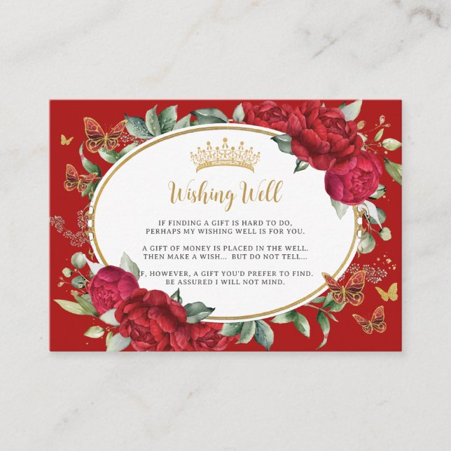 Red Peonies Floral Flowers Butterflies Quinceañera Enclosure Card (Front)