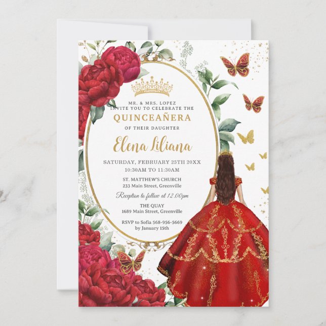 Red Peonies Floral Princess Dress Quinceañera  Invitation (Front)