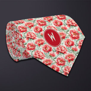 Red Peonies Floral Tie
