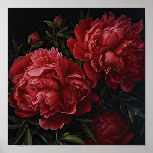 Red Peonies Flower Art Print Poster (Front)