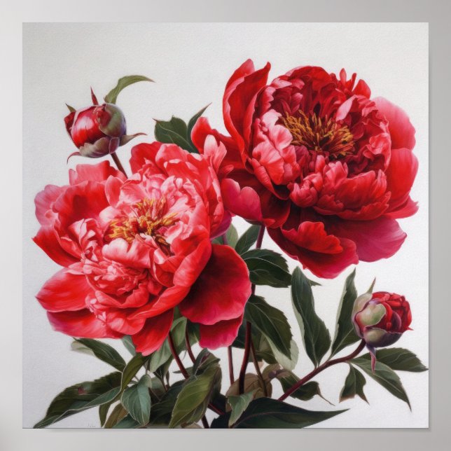 Red Peonies Flower Art Print Poster (Front)