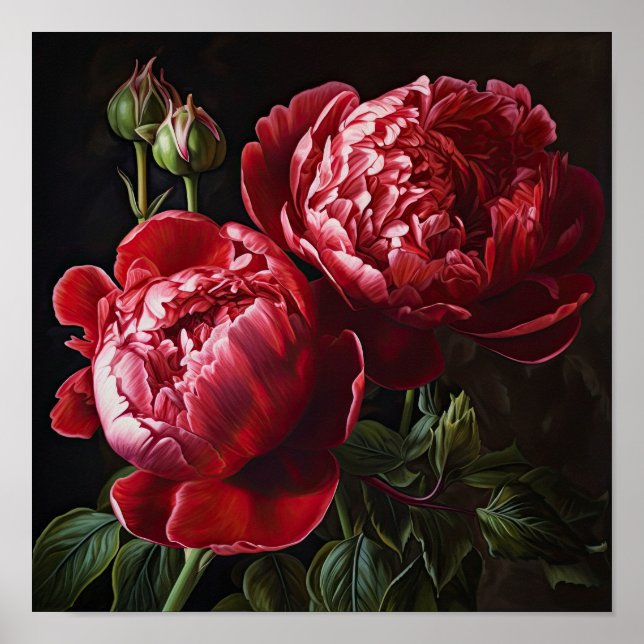 Red Peonies Flower Art Print Poster (Front)