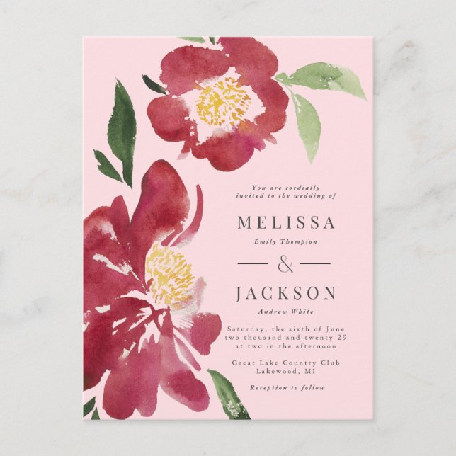 Red Peonies Wedding Invitation Blush Postcard (Front)