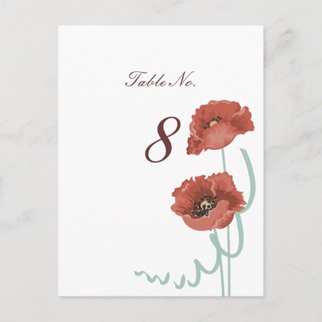 Red Peonies Wedding Table Number Cards (Front)