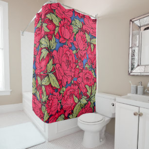 Red Peonies with Gold Leaves Shower Curtain