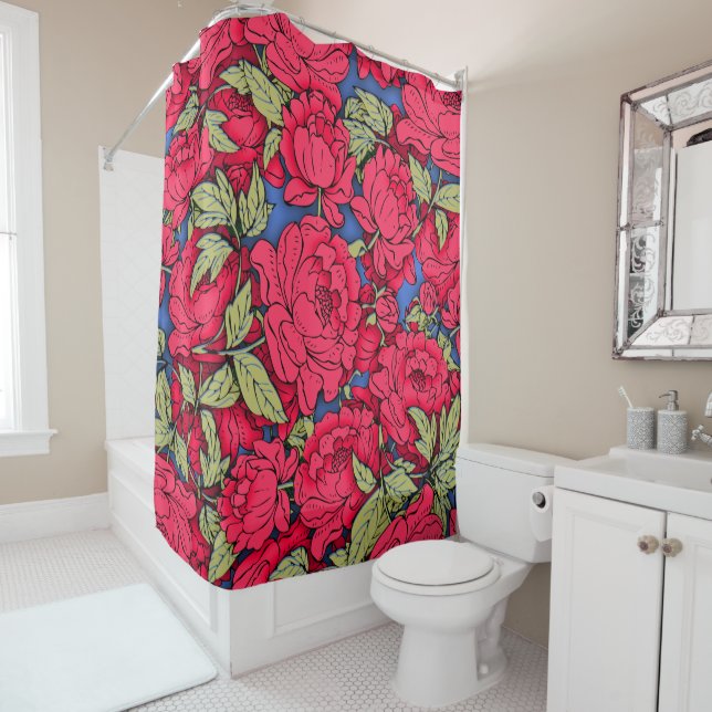 Red Peonies with Gold Leaves Shower Curtain (In Situ)