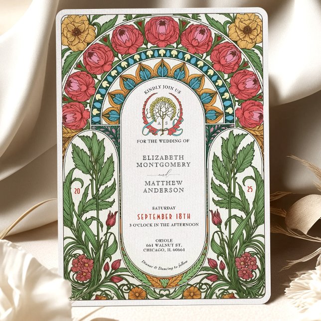 Red Peonies & Yellow Roses Art Nouveau Wedding Invitation (Creator Uploaded)