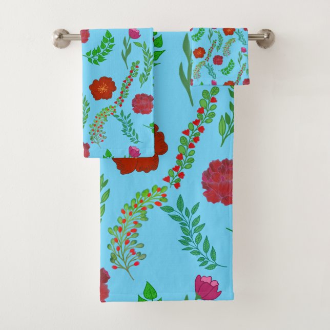 RED PEONY AND POPPY FLOWERS WITH GREEN LEAVES  BATH TOWEL SET (Insitu)