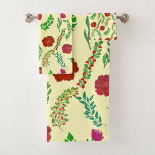 RED PEONY AND POPPY FLOWERS WITH GREEN LEAVES  BATH TOWEL SET