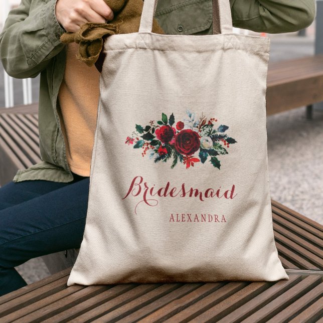 Red peony bouquet winter wedding bridesmaid tote bag (Creator Uploaded)