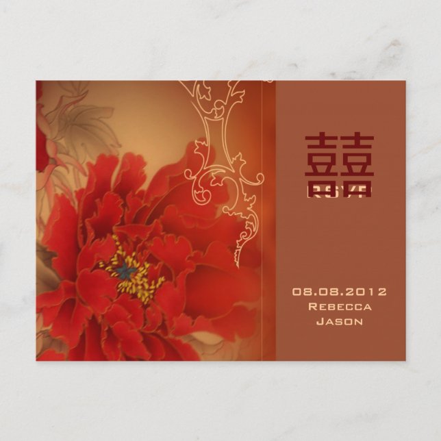 Red Peony Double Happiness Chinese wedding RSVP Invitation Postcard (Front)