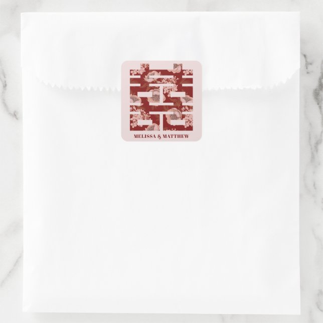 Red Peony Double Happiness Chinese Wedding Square Sticker (Bag)