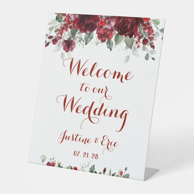 Red Peony Epiphany 12 Inch Welcome To Our Wedding  Pedestal Sign (Front)