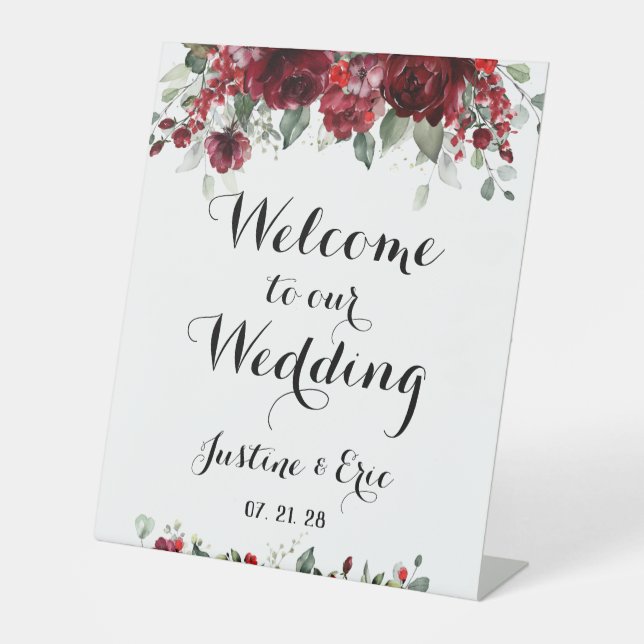 Red Peony Epiphany 12 Inch Welcome To Our Wedding  Pedestal Sign (Front)