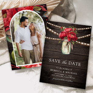 Red Peony Floral Mason Jar Barn Wood Wedding Photo Save The Date