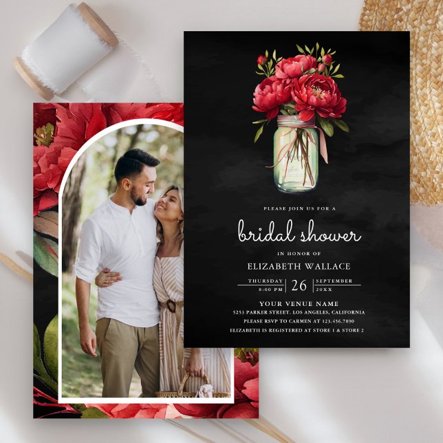 Red Peony Floral Mason Jar Black Bridal Shower Invitation (Creator Uploaded)