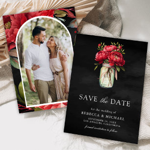 Red Peony Floral Mason Jar Black Wedding Photo Save The Date