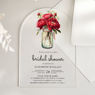 Red Peony Floral Mason Jar Bridal Shower Acrylic Invitations