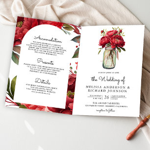 Red Peony Floral Mason Jar QR Code Wedding Invitation