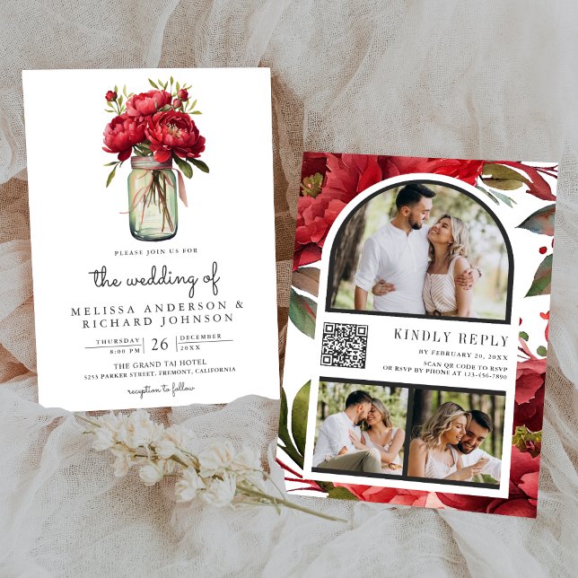 Red Peony Floral Mason Jar QR Code Wedding Invitation (Creator Uploaded)