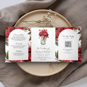 Red Peony Floral Mason Jar QR Code Wedding Tri-Fold Invitation