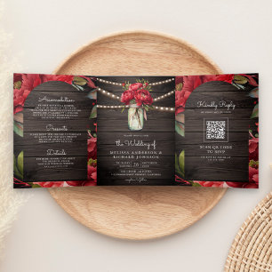 Red Peony Floral Mason Jar QR Code Wood Wedding Tri-Fold Invitation