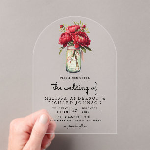Red Peony Floral Mason Jar Wedding Acrylic Invitations