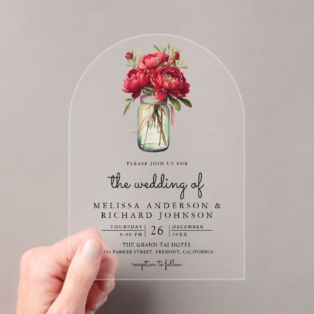 Red Peony Floral Mason Jar Wedding Acrylic Invitations (Insitu (Handheld))