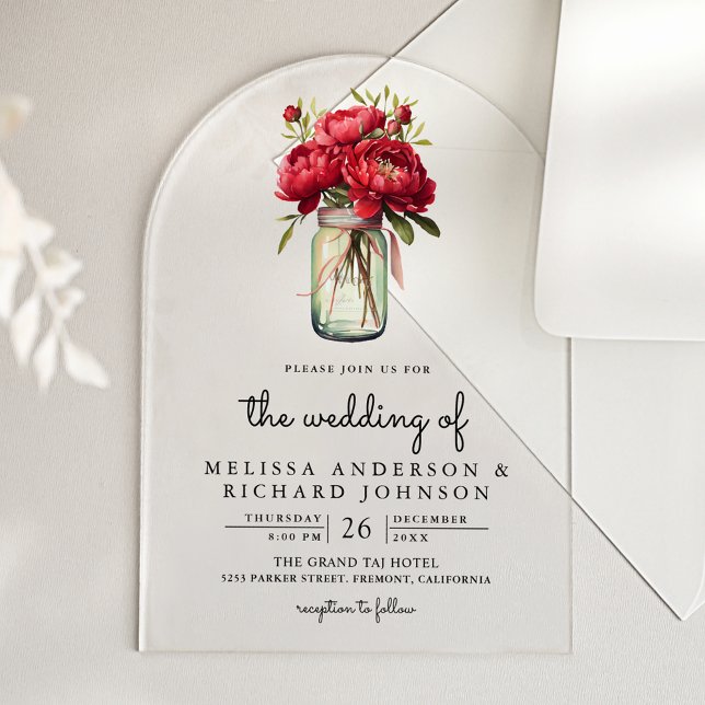 Red Peony Floral Mason Jar Wedding Acrylic Invitations (Creator Uploaded)