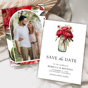 Red Peony Floral Mason Jar Wedding Photo Save The Date