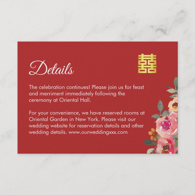 Red peony floral modern Chinese wedding details Enclosure Card (Front)