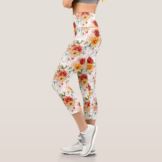 Red Peony Flower Bouquet Pattern Capri Leggings (Left)