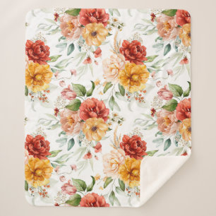 Red Peony Flower Bouquet Pattern Sherpa Blanket