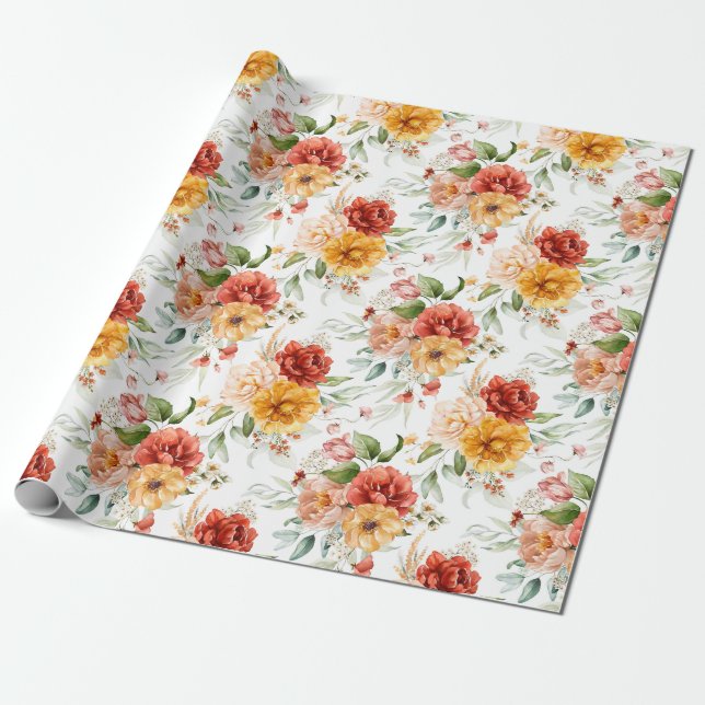 Red Peony Flower Bouquet Pattern Wrapping Paper (Unrolled)