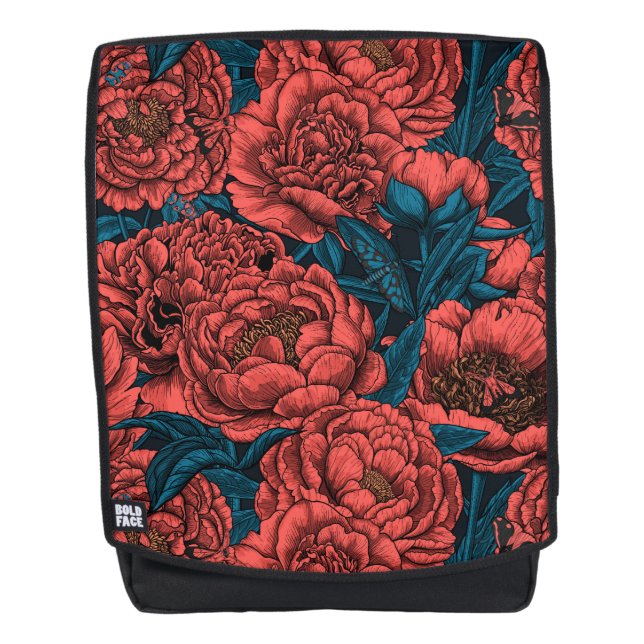 Red peony flowers and moths backpack (Front)